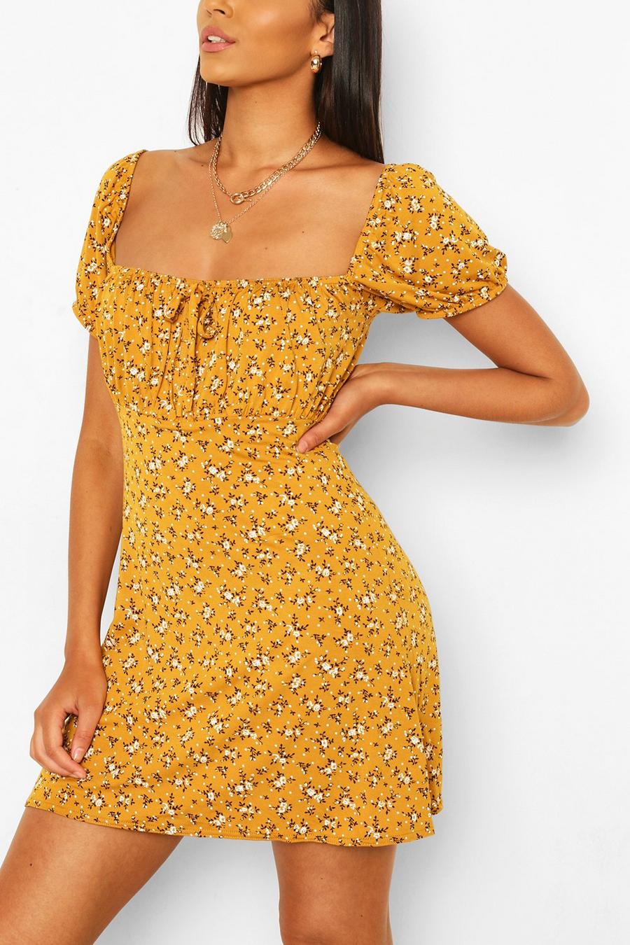 Mustard yellow Ditsy Floral Ruched Bust Skater Dress image number 1