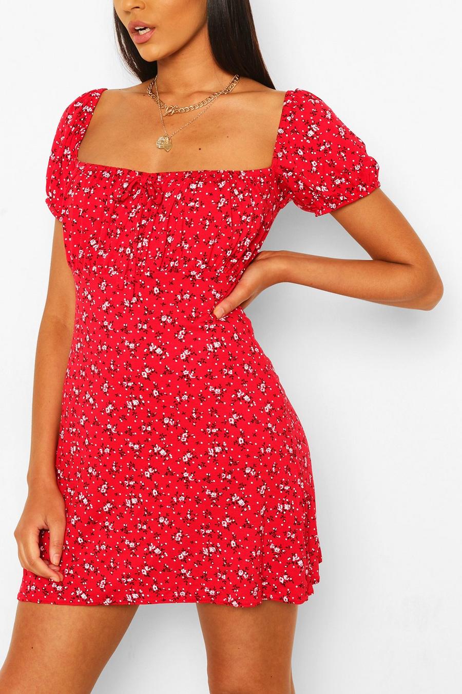 Red Ditsy Floral Ruched Bust Skater Dress