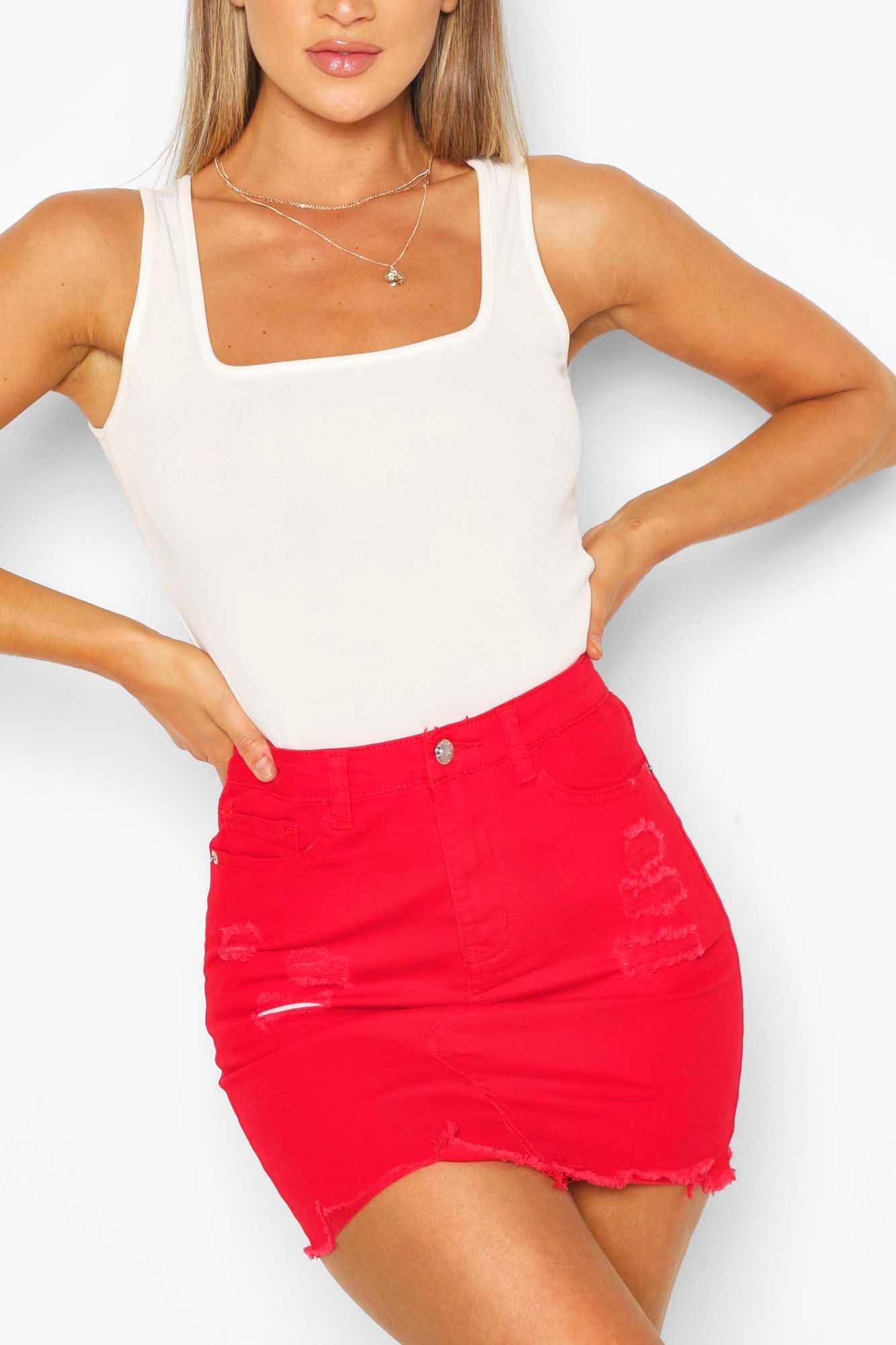 red distressed denim skirt