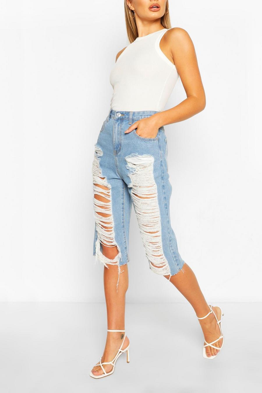 Mid Rise Distressed Longline Jean Shorts image number 1