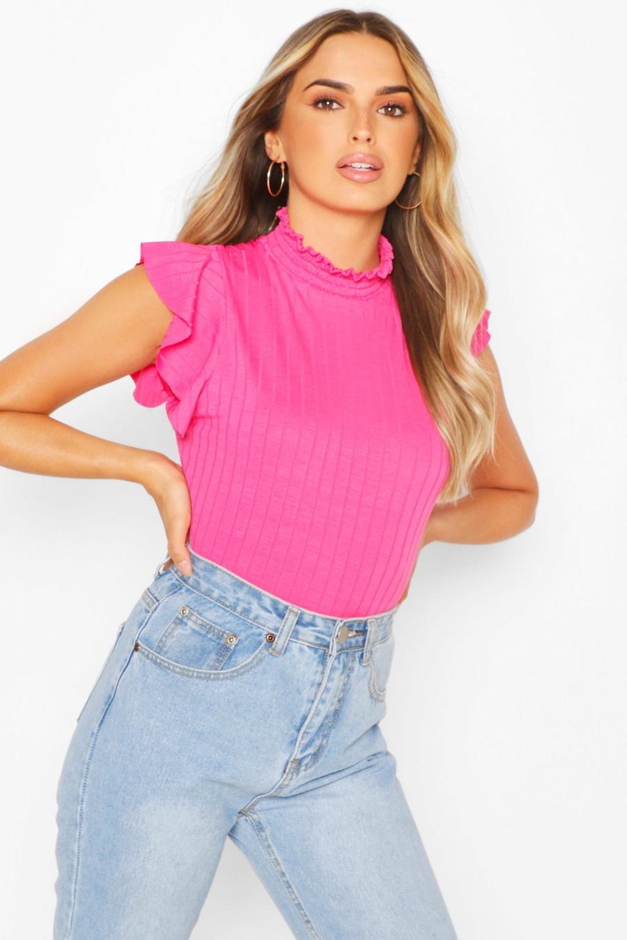 Hot pink Shirred Ruffle Top image number 1