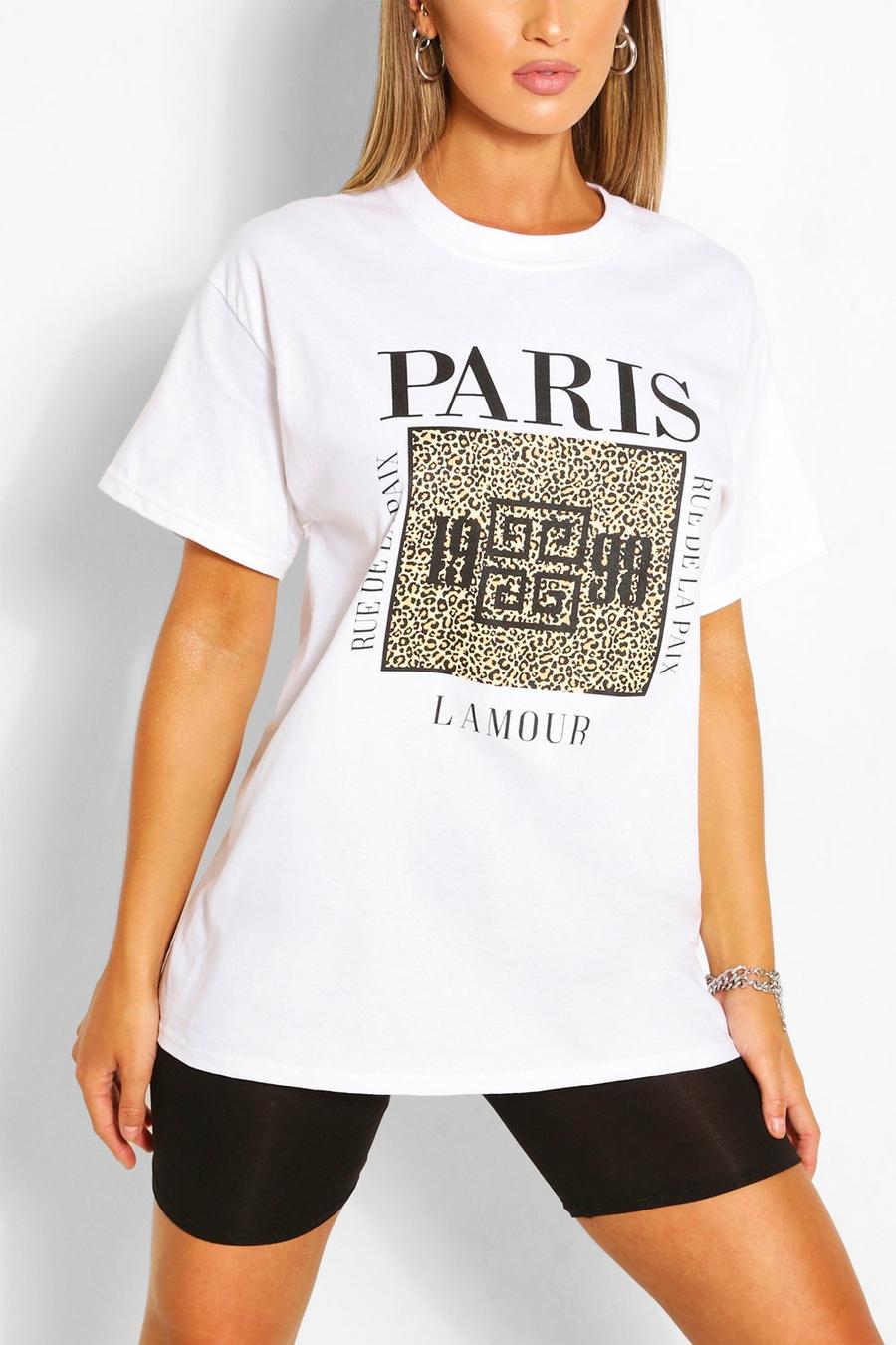 T-shirt con riquadro a stampa animalier “Paris”, Bianco image number 1