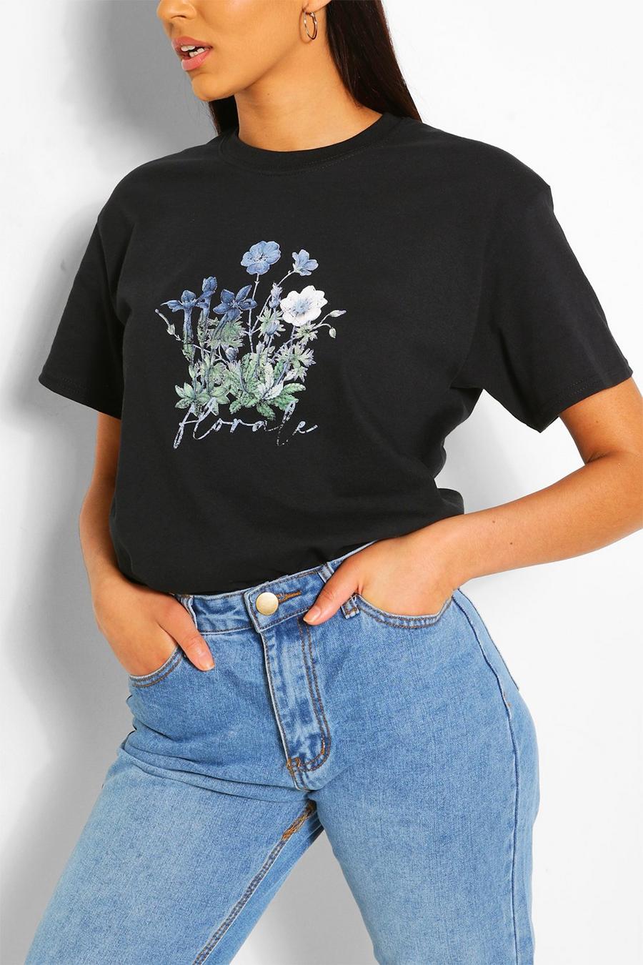 Black Flower Print Slogan T- Shirt image number 1