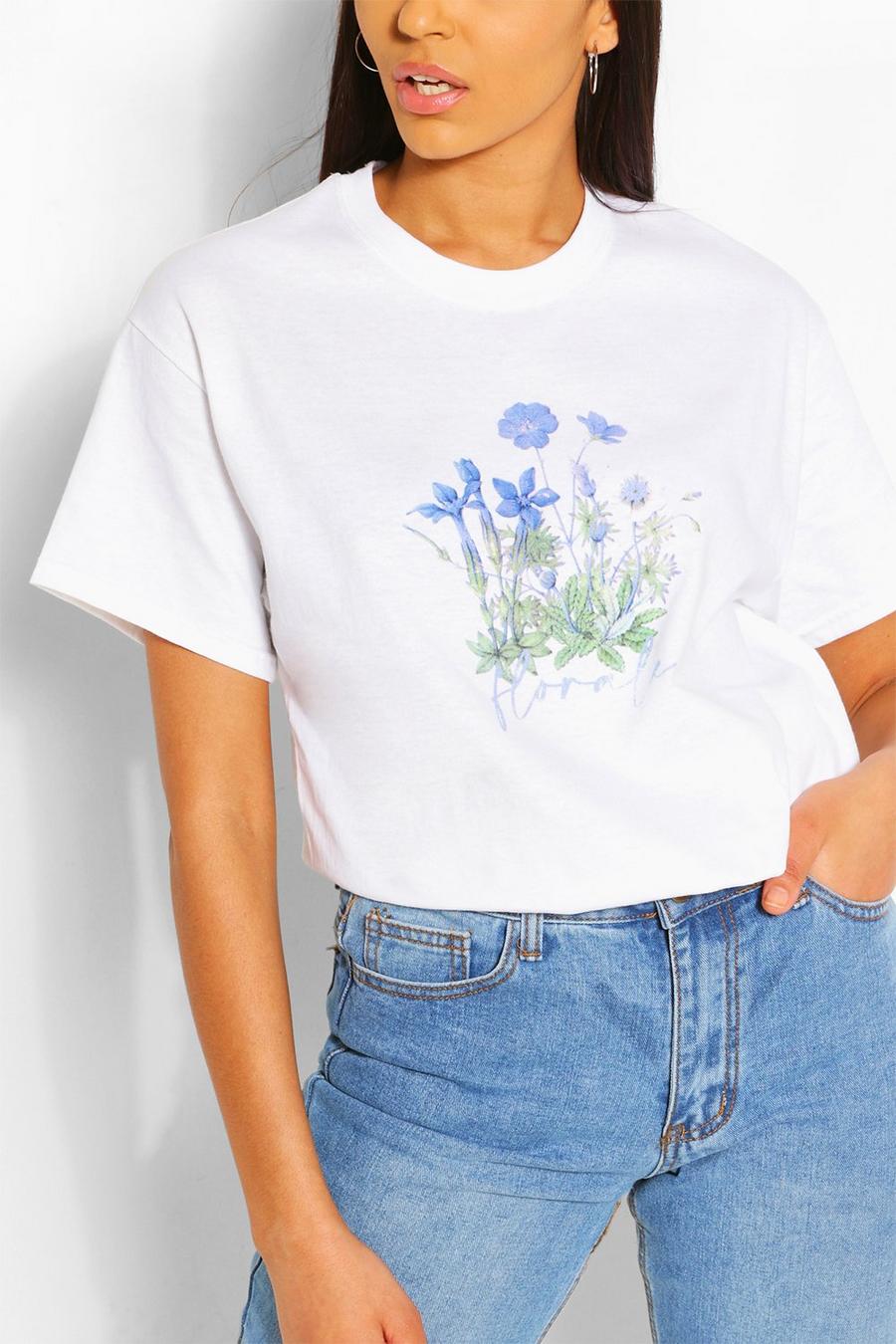 White Flower Print Slogan T- Shirt image number 1