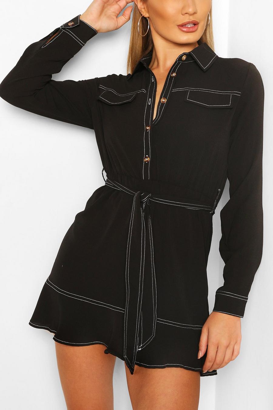 Contrast Stitch Shirt Dress With Tie Belt image number 1