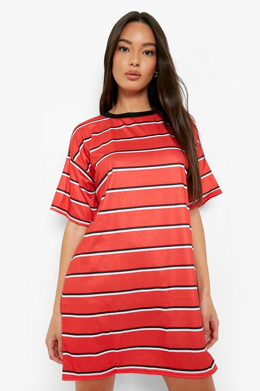 Vestido estilo camiseta ancho a rayas, Rojo image number 1
