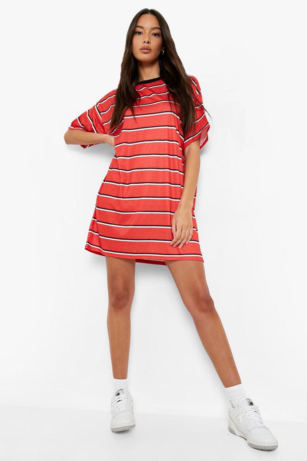 Red contrast stripe oversized cheap boyfriend t shirt dress