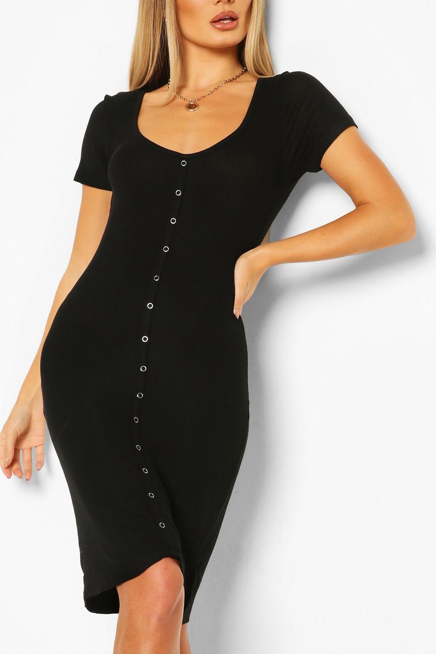 Black Button Front Ribbed Mini Dress image number 1