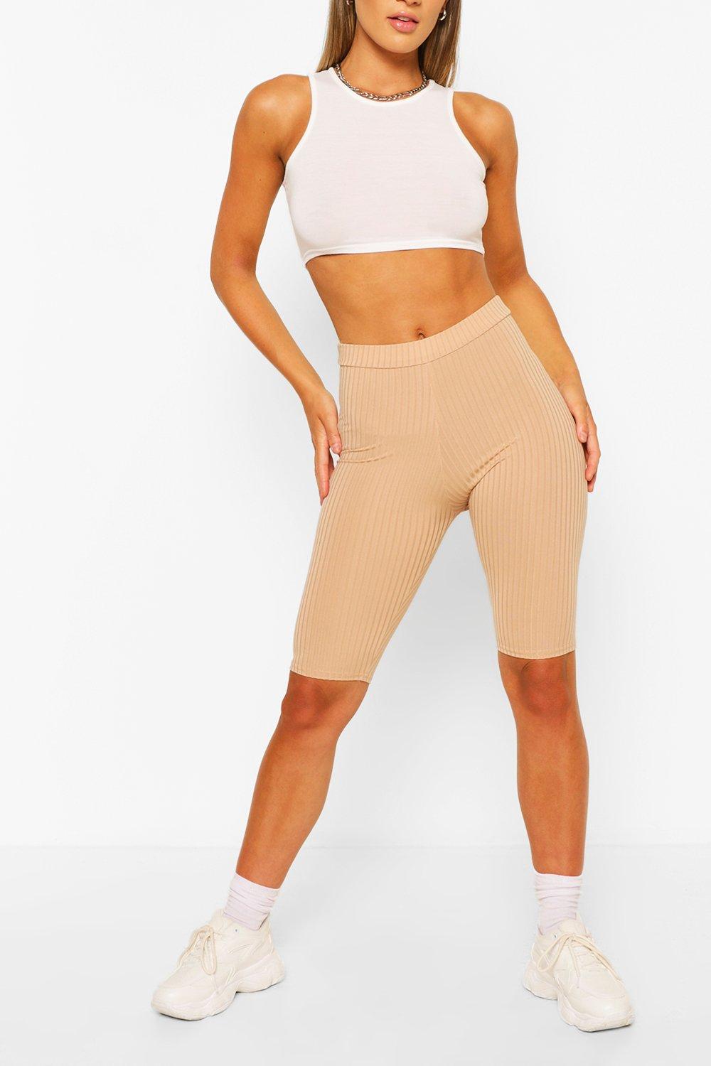 Seamless Ribbed Crop Tank High Waist Bike Short Set - Beige