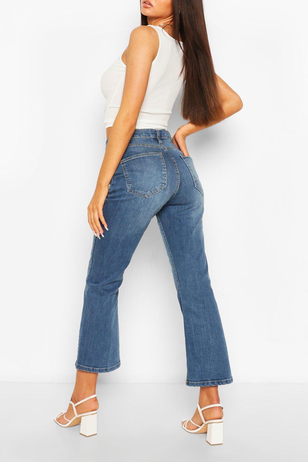 Mid Wash Cropped Flare Jeans Boohoo Uk