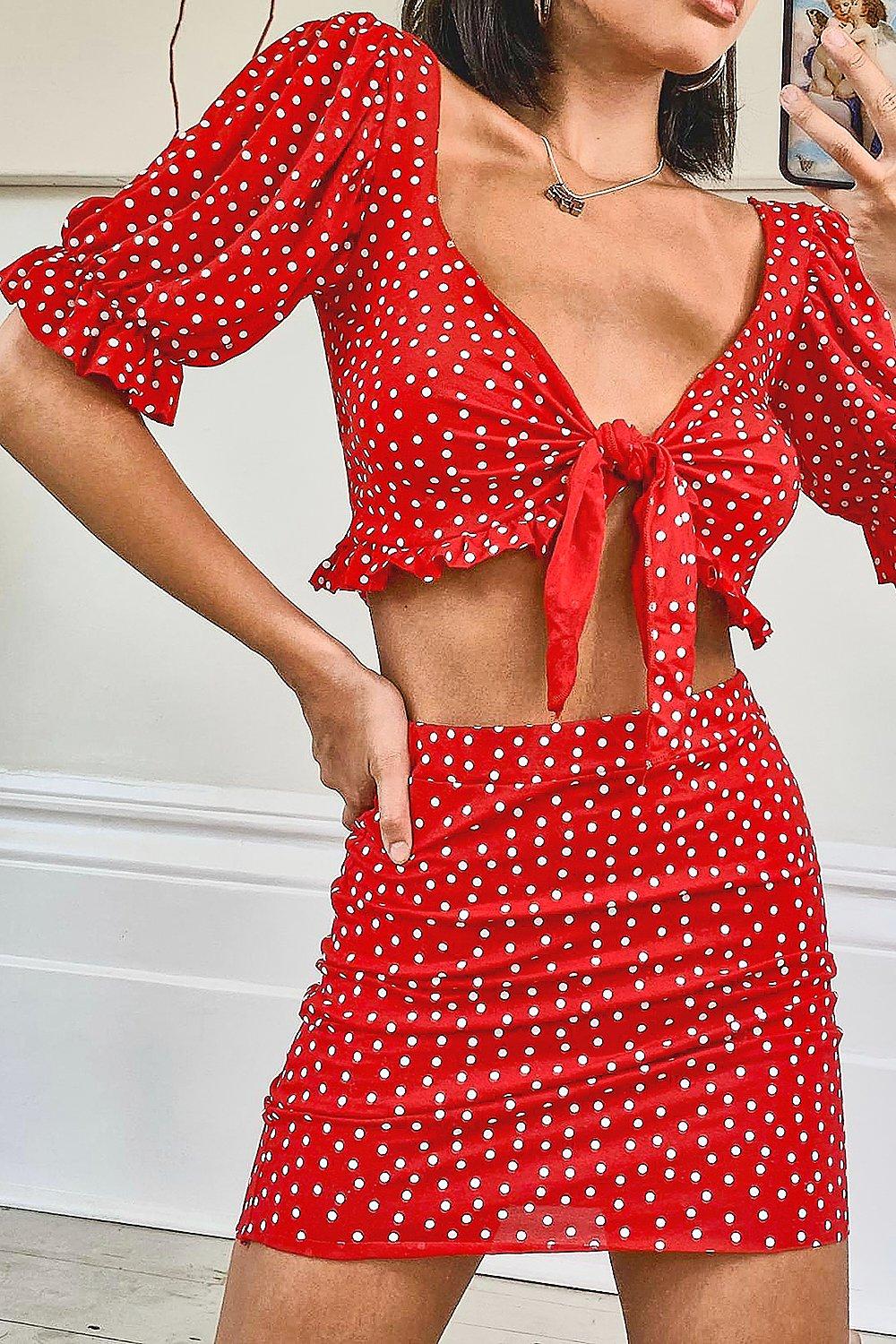 red polka dot tie front top