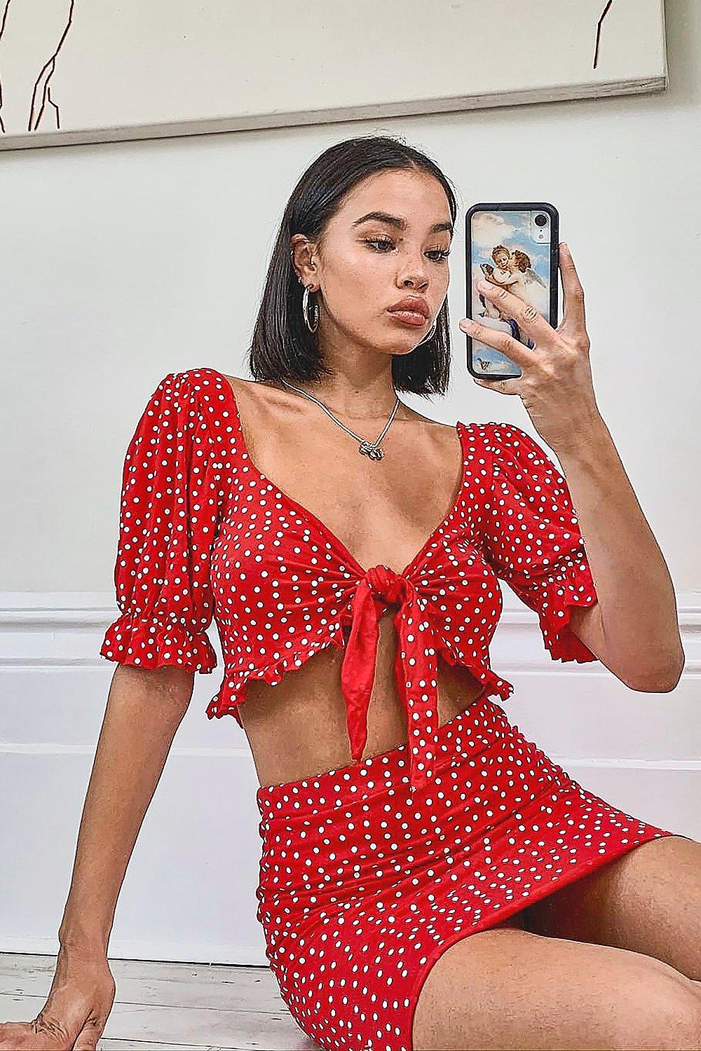 red polka dot two piece set