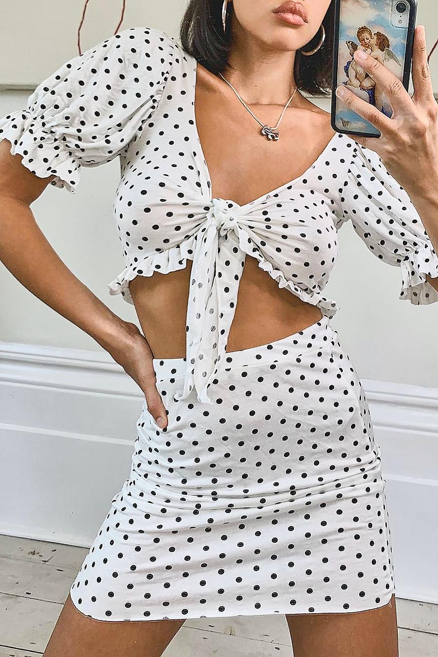 White Polka Dot Jersey Tie Front Top & Skirt Co-ord Set image number 1