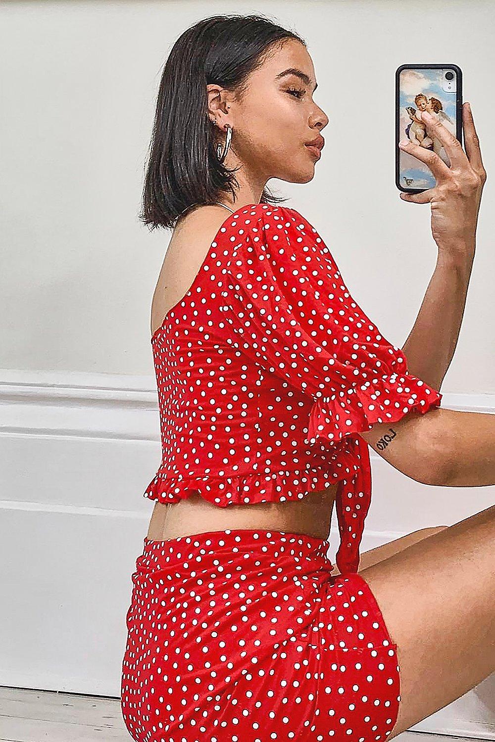 Polka Dot Jersey Tie Front Top & Skirt Two-Piece Set
