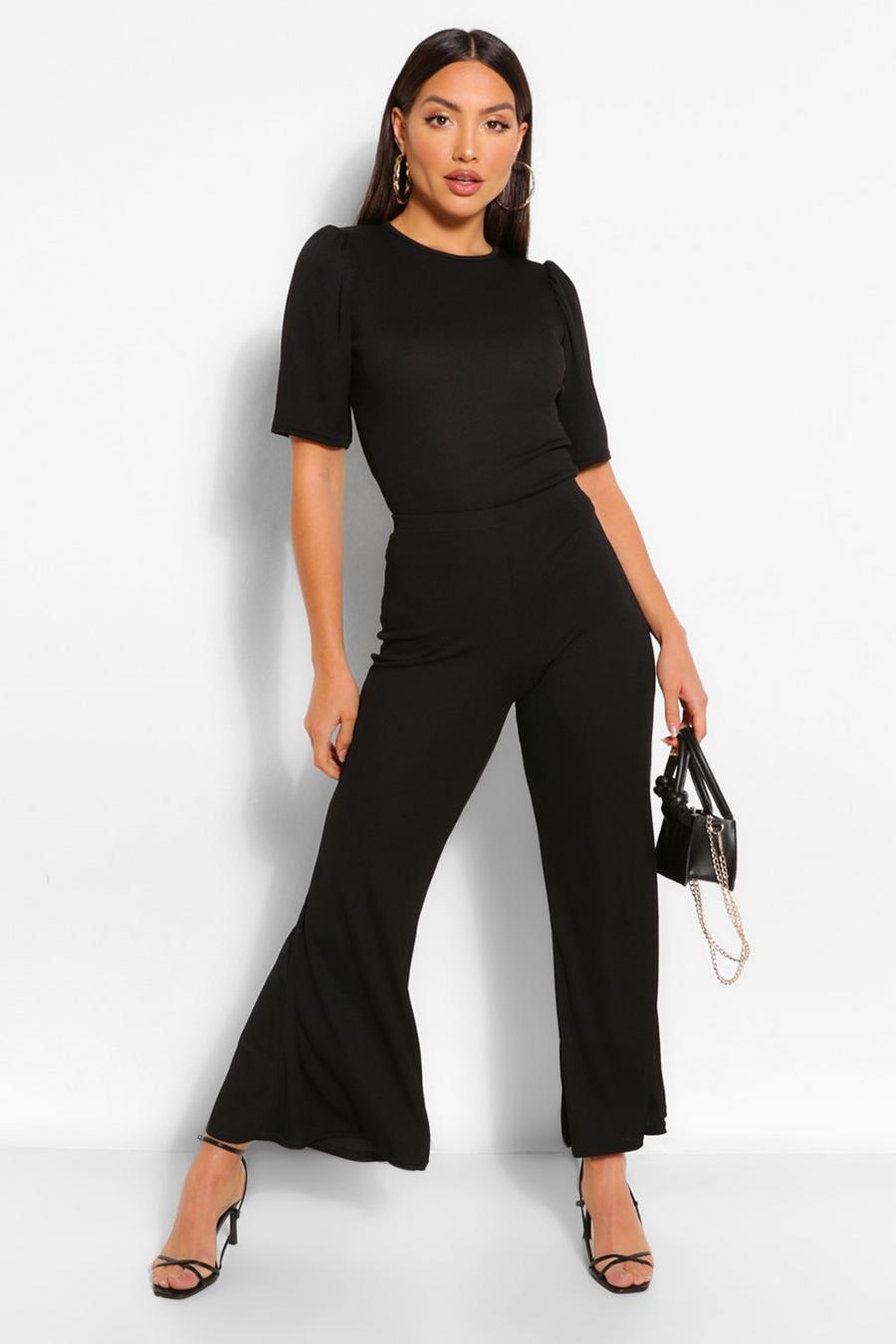 Black Ribbed Puff Sleeve T-Shirt & Pants Co-Ord Set image number 1