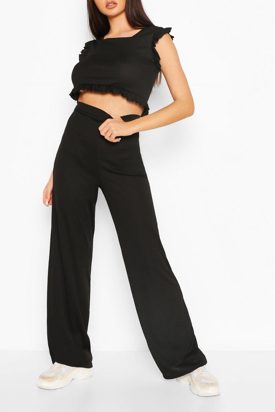 Ribbed Frill Detail Crop Top & Pants Co-Ord Set image number 1