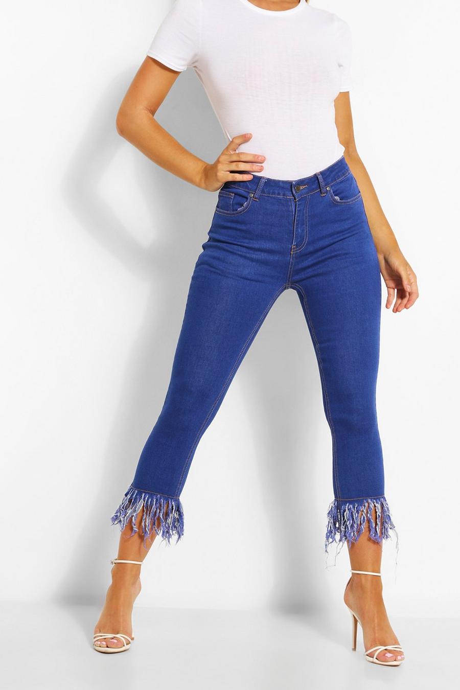 Mid blue Ankellånga skinny jeans med fransig kant image number 1