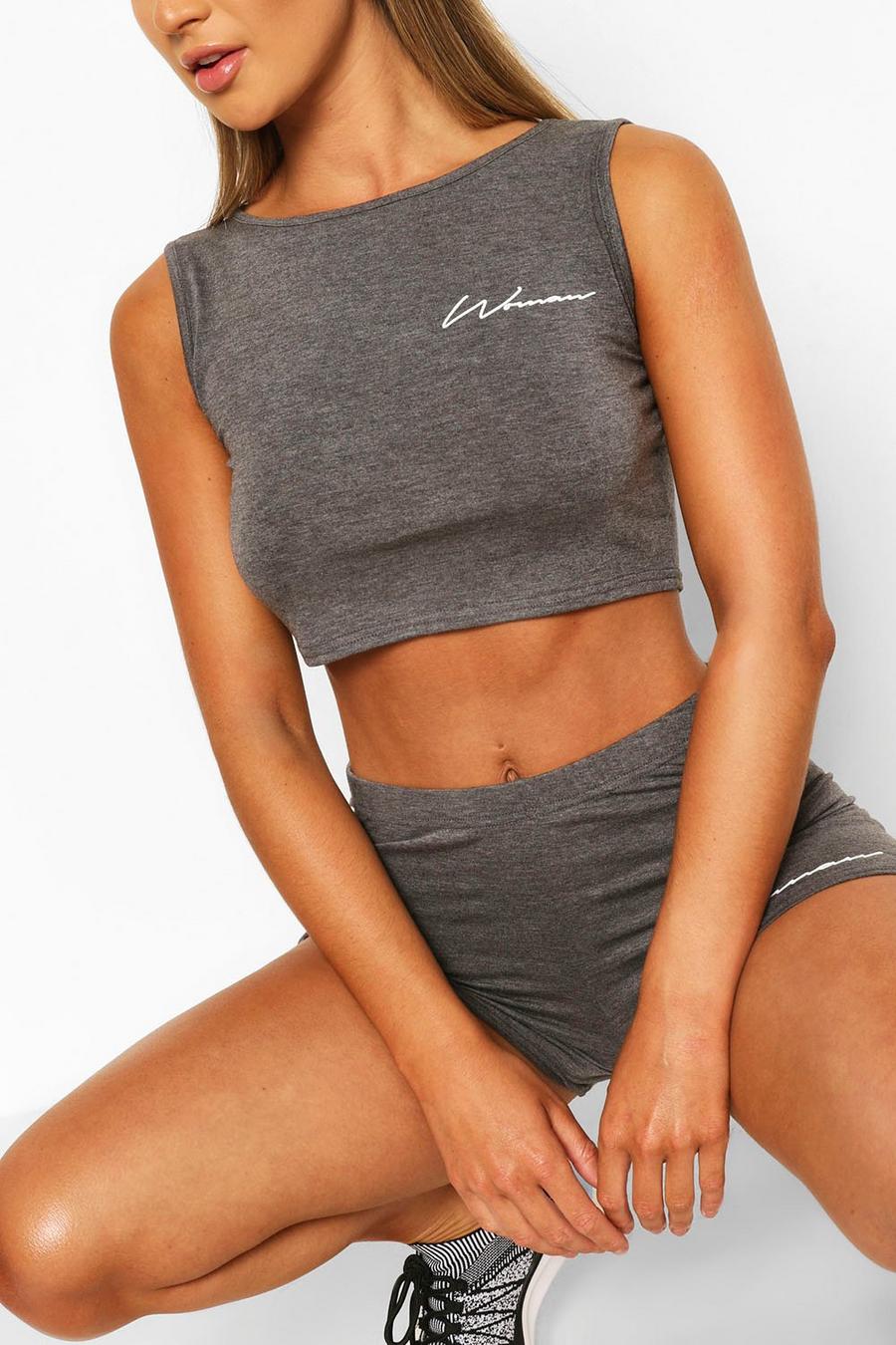 Charcoal Fit Woman Scipt High Neck Gym Crop image number 1