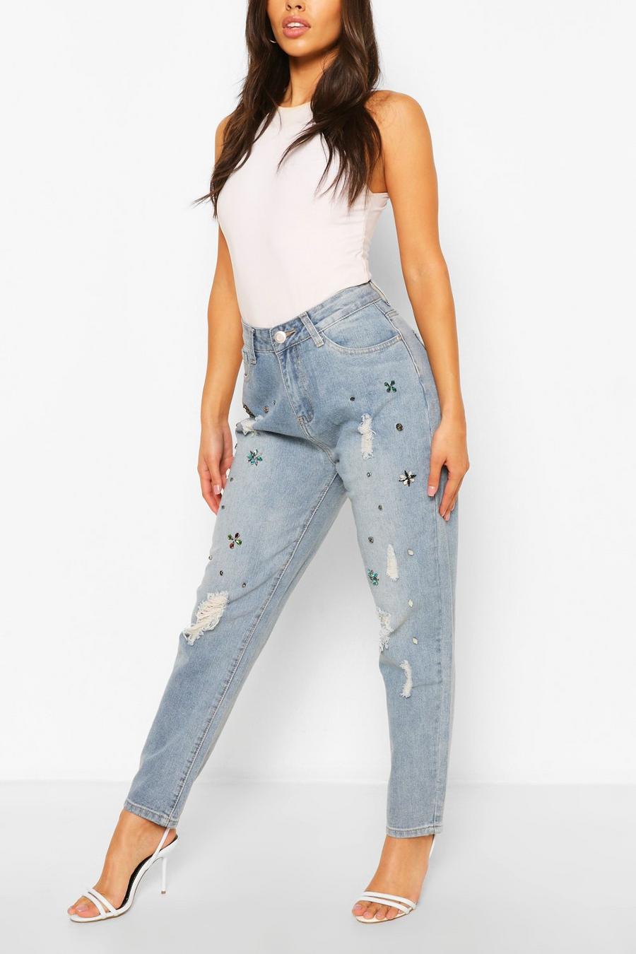 Mid blue High Waisted Embellished Ripped Mom Jeans image number 1