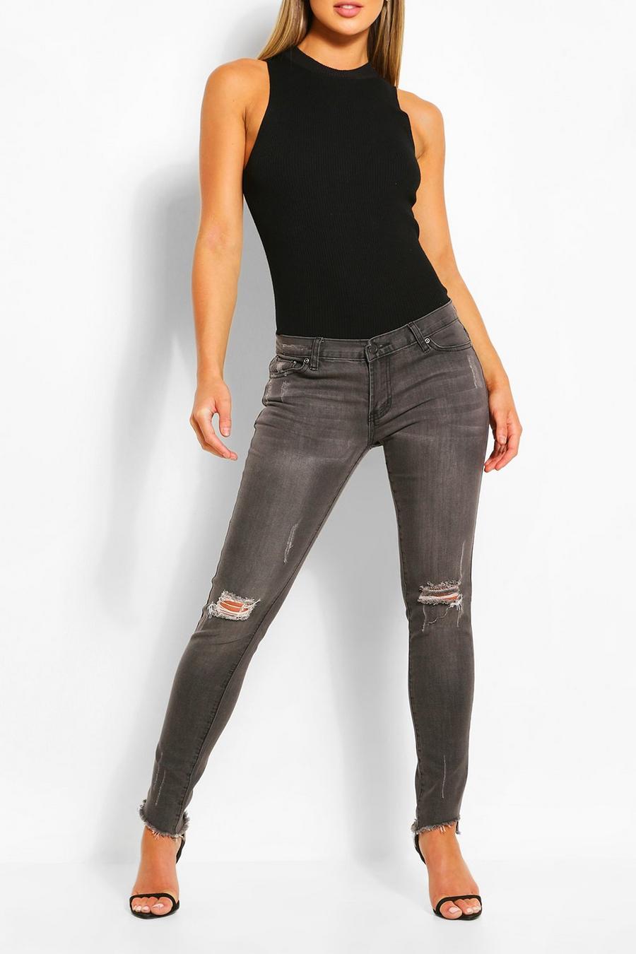Grijs Distressed skinny jeans van stretchstof met lage taille image number 1