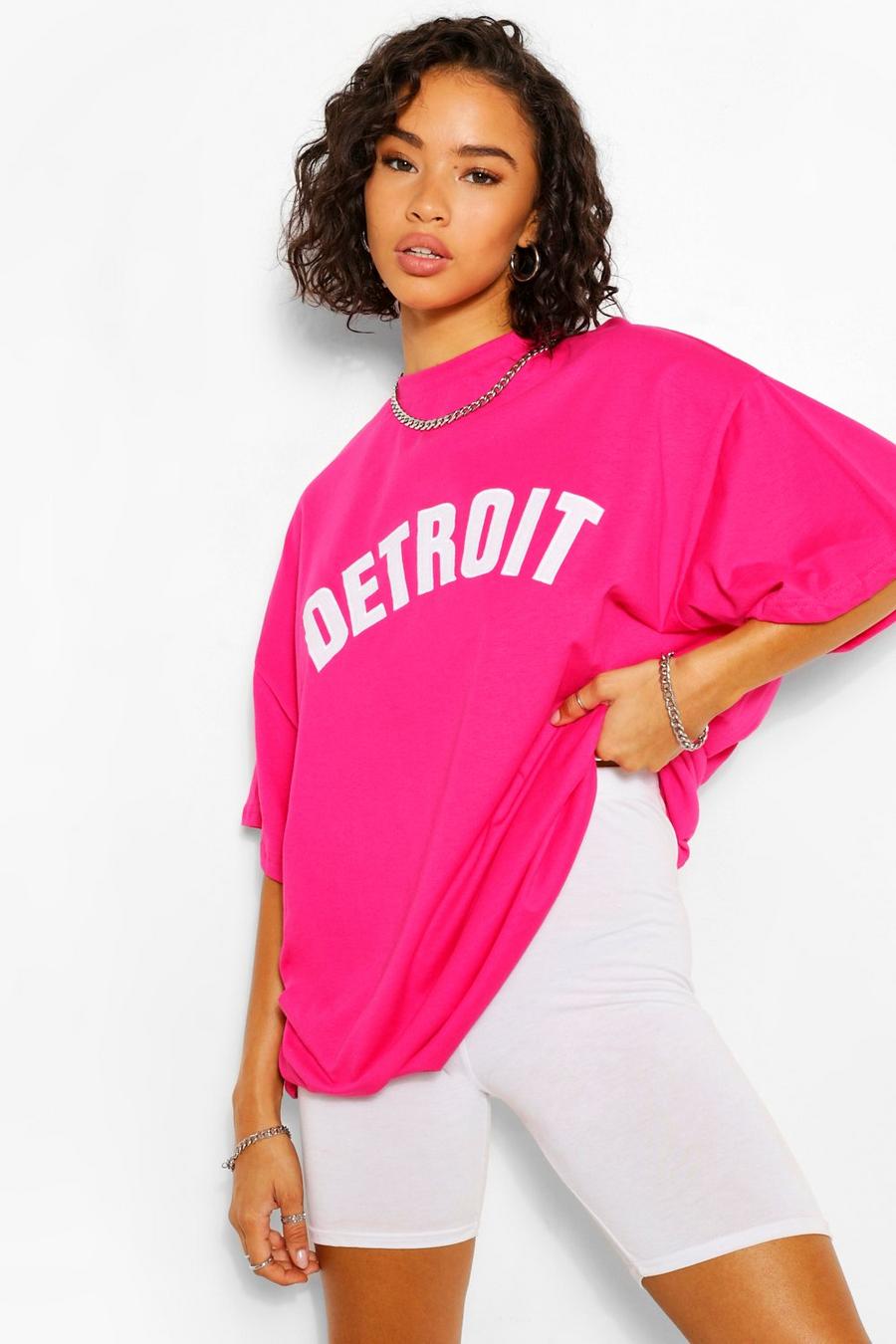 Oversized-T-Shirt mit „Detroit“-Applikation, Himbeerrot image number 1