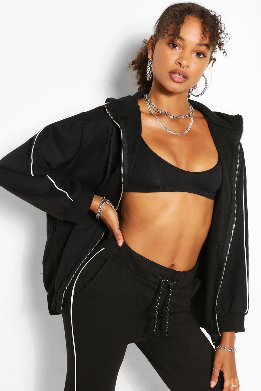 Black Oversize hoodie med dragkedja och sportiga ränder image number 1