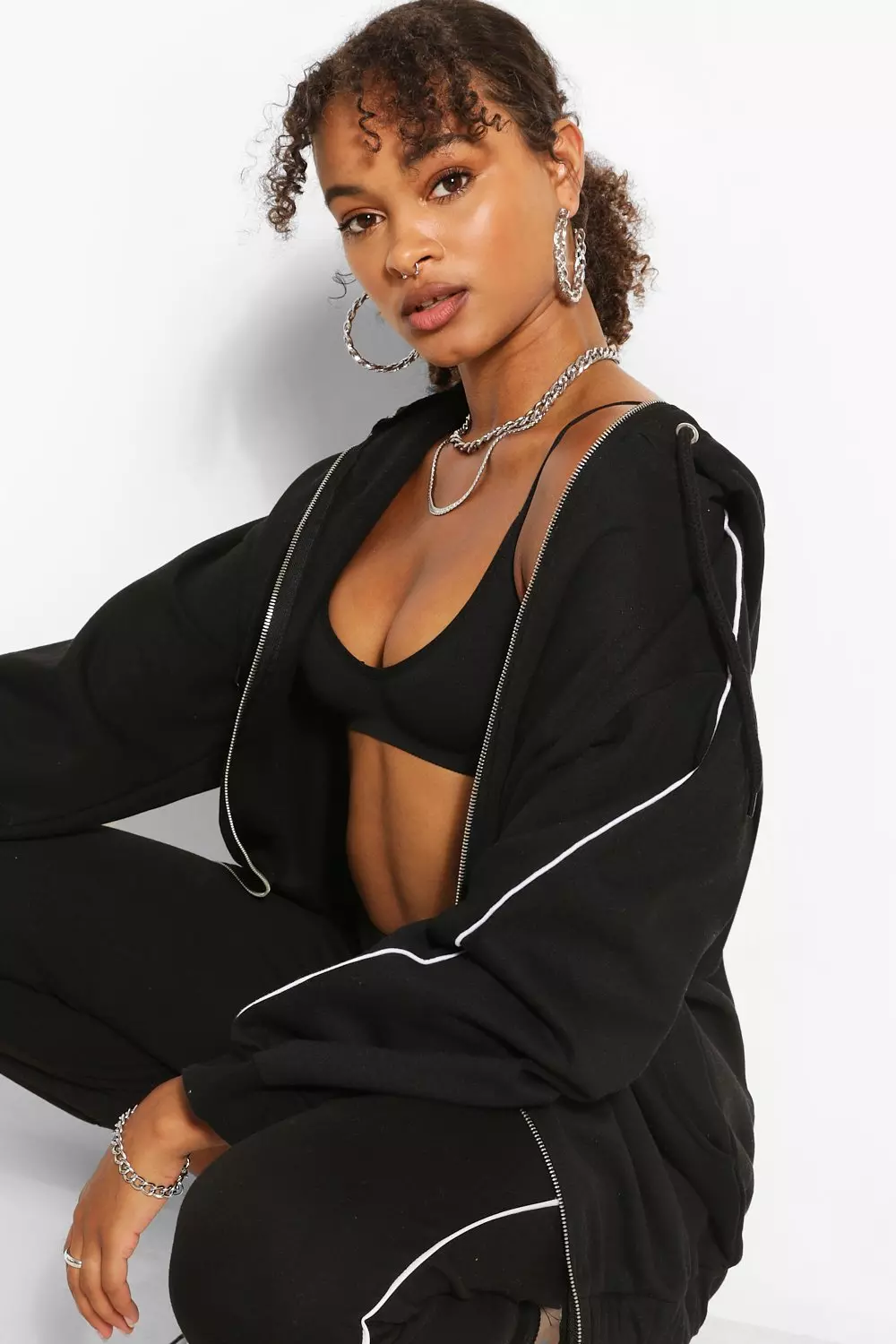boohoo＊オーバーサイズ ストライプ ニットジップスルーパーカー Boohoo ME
