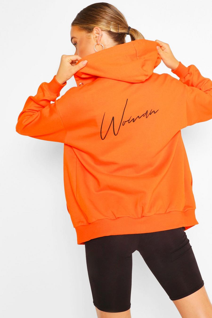 Orange Woman Hoodie med tyck och dragkedja image number 1