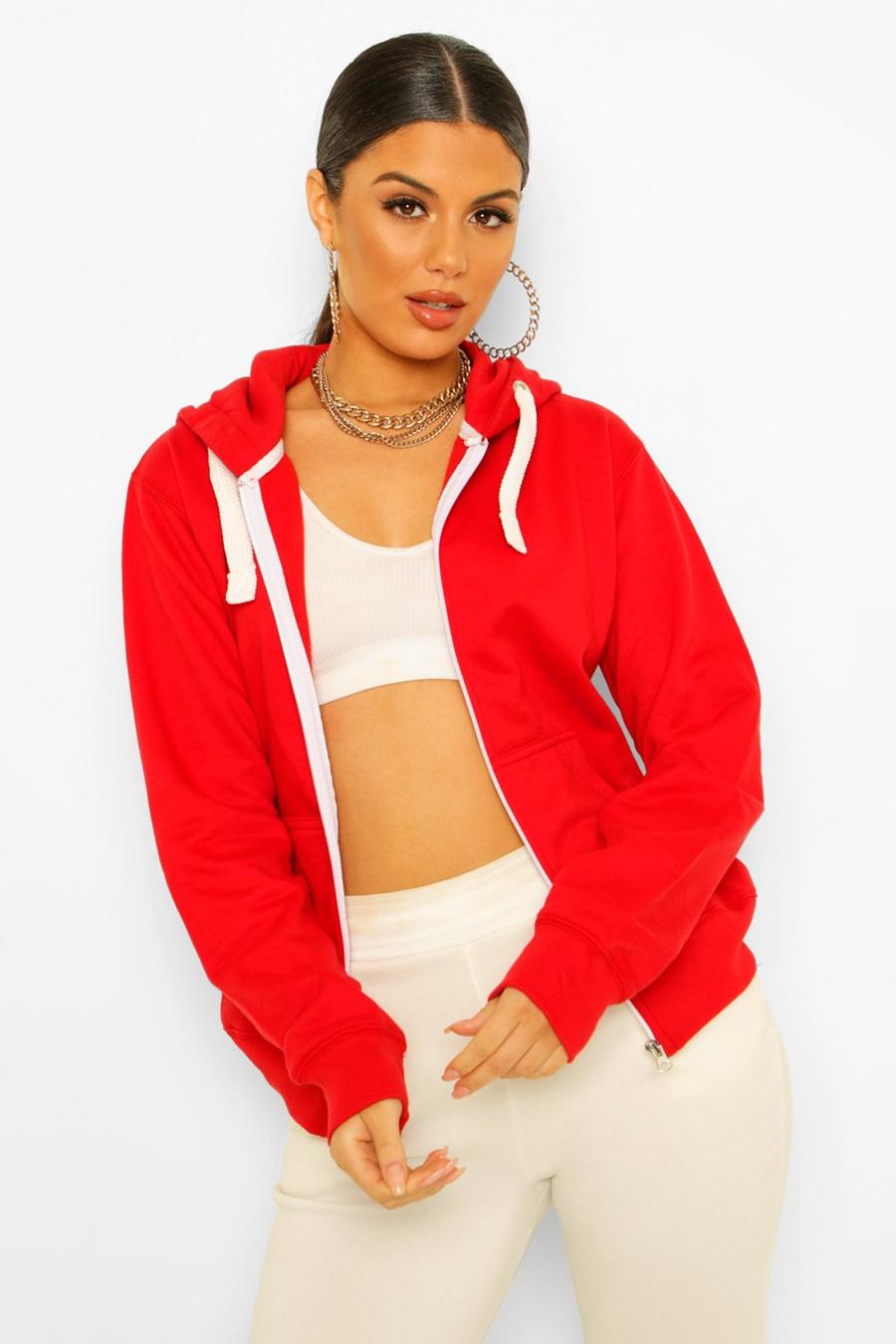 Red Solid Colour Zip Through Hoodie image number 1