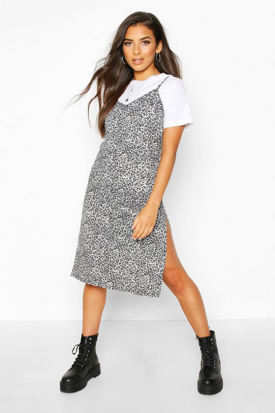 Grey gris Leopard Print Slip Dress
