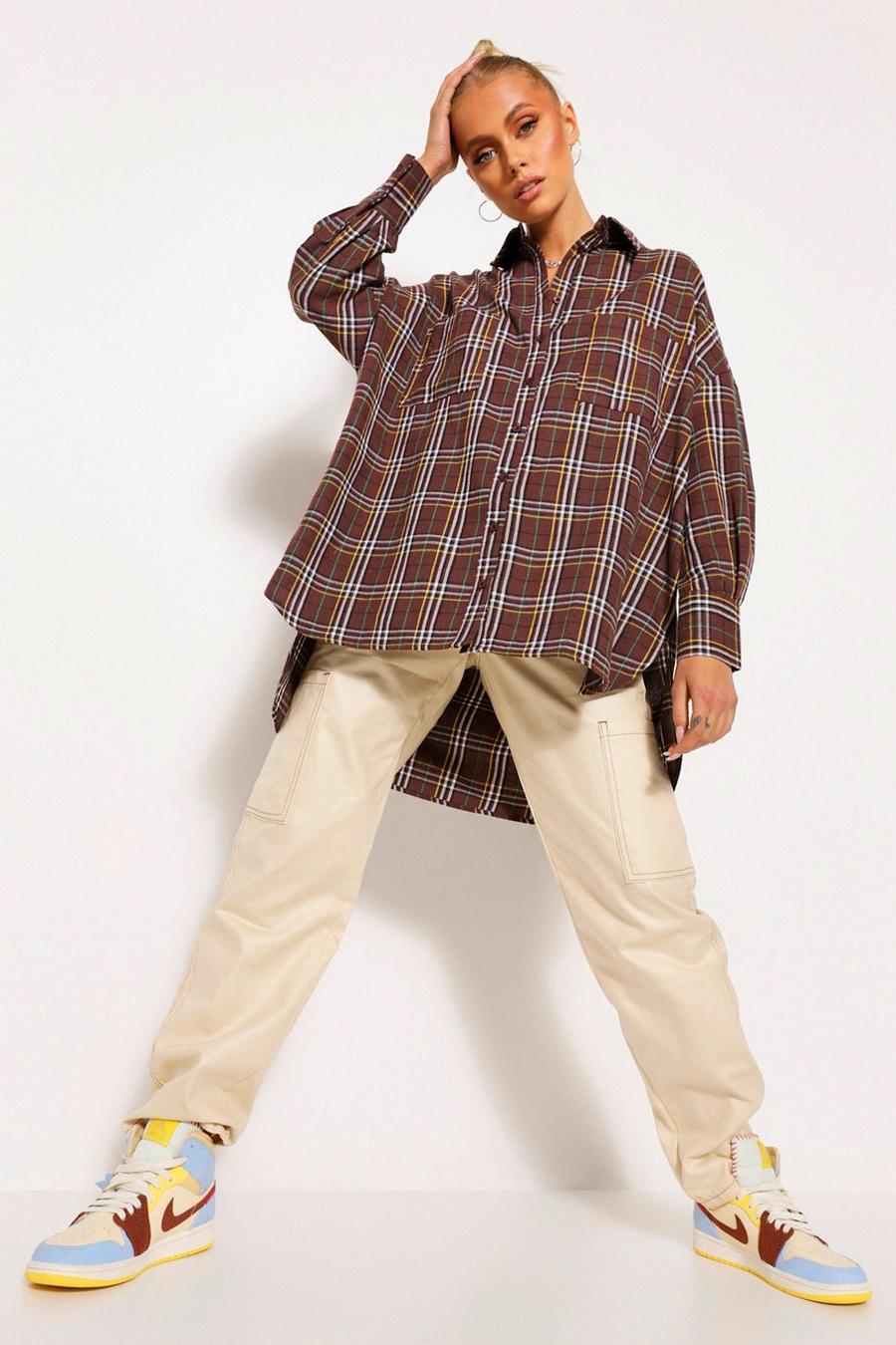 Berry Oversized Dipped Hem Checked Shirt image number 1