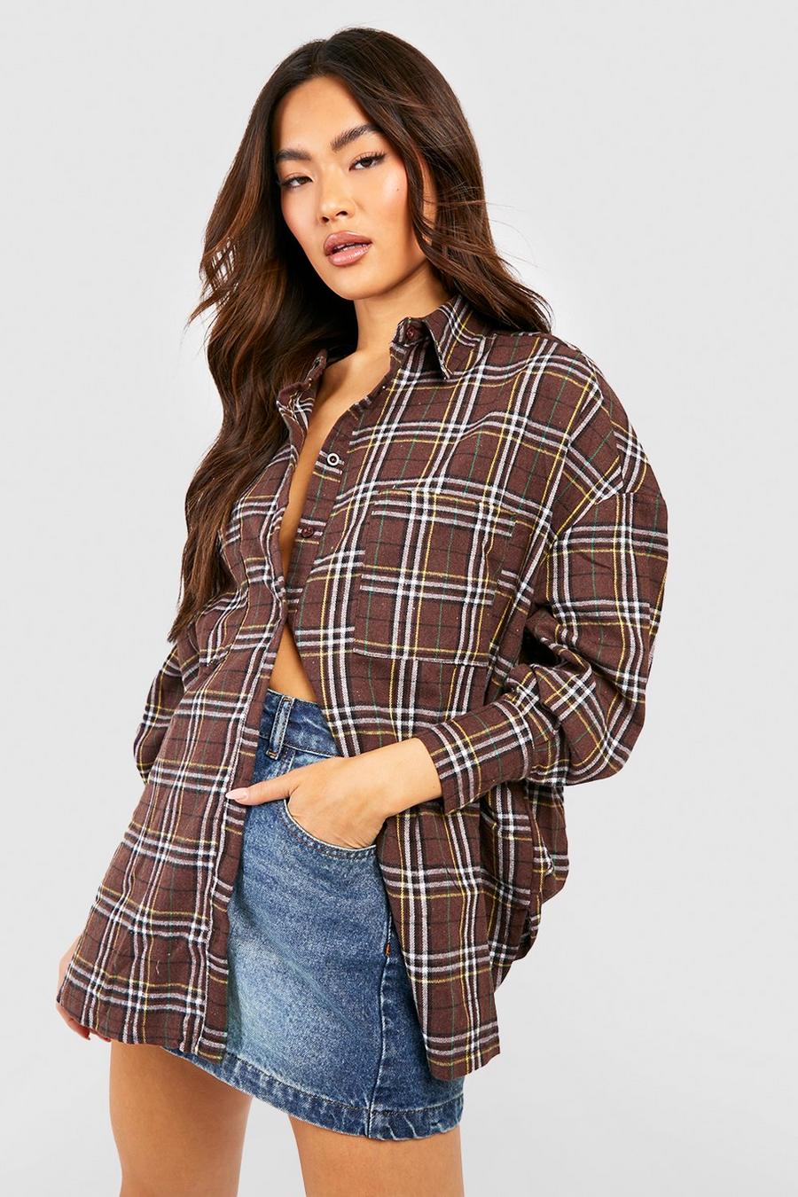 Chocolate Oversized Dipped Hem Checked Shirt image number 1