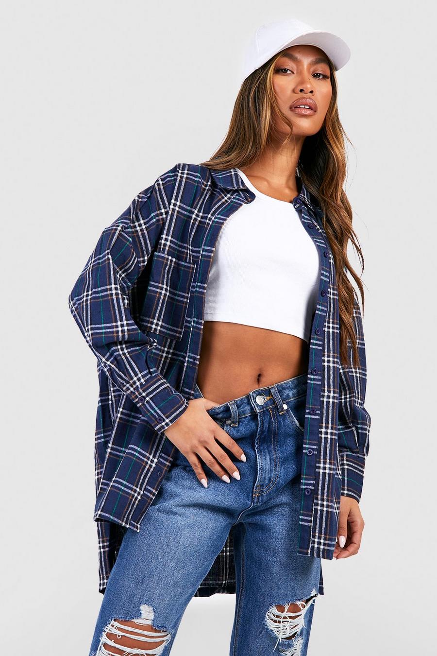 Navy Oversized Dipped Hem Checked Shirt image number 1