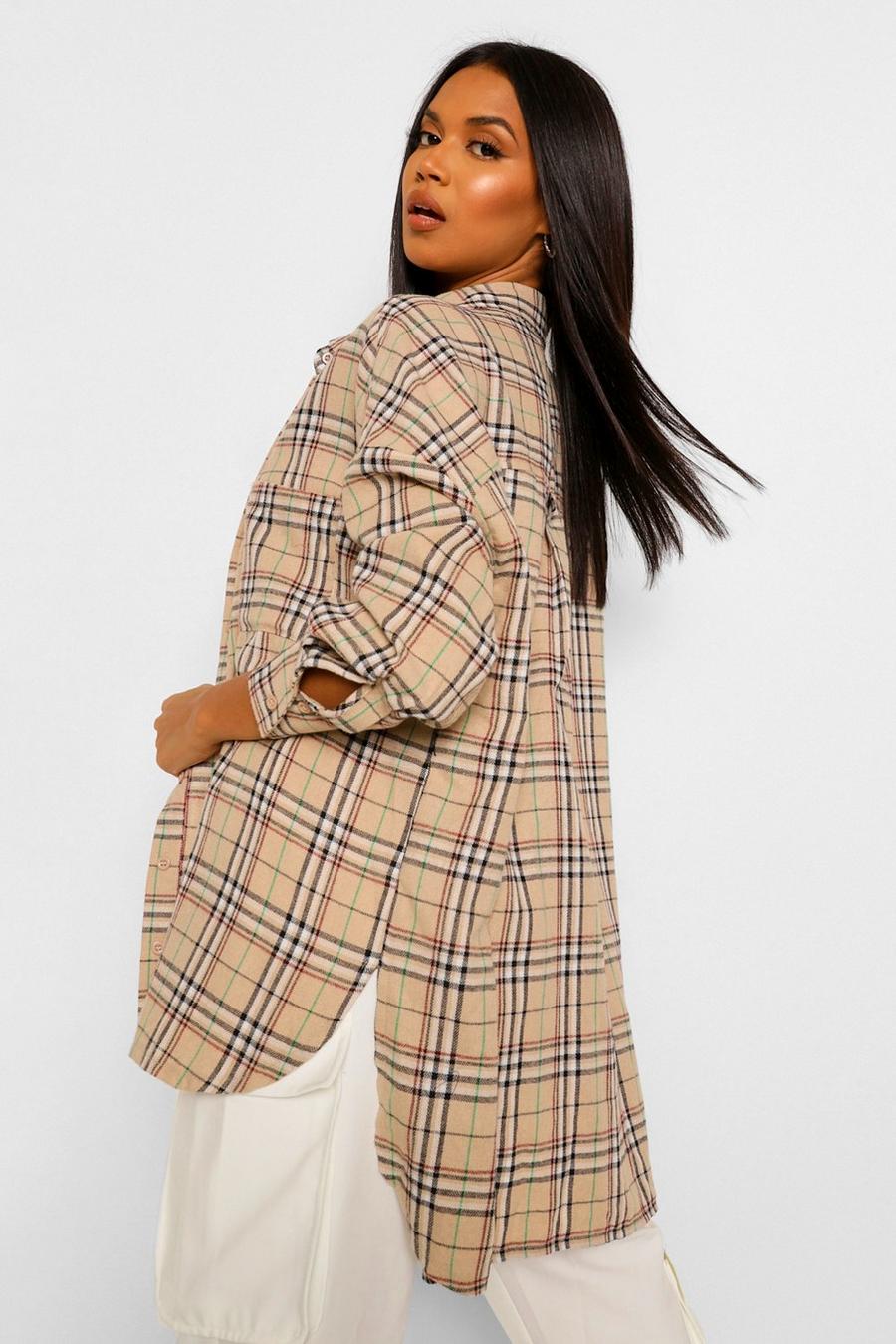 Stone Oversized Dipped Hem Flannel Shirt image number 1