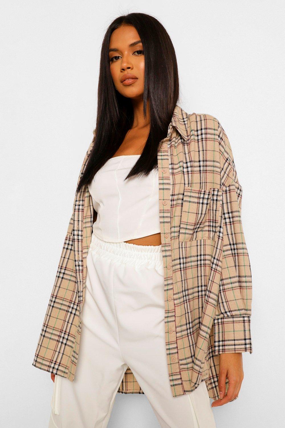 Beige Oversized Dipped Hem Checked Shirt