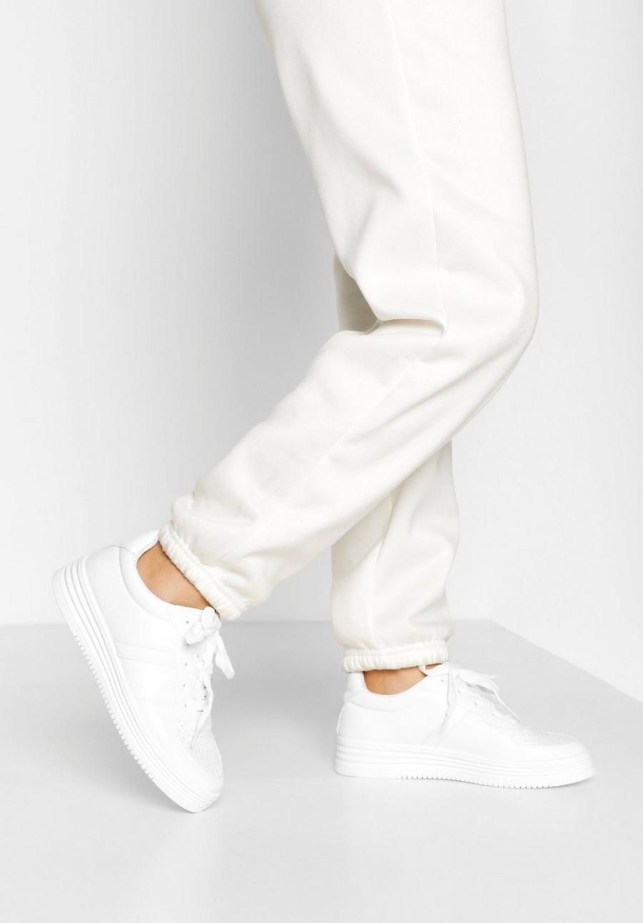White Ribbed Sole Lace Up Sneakers image number 1