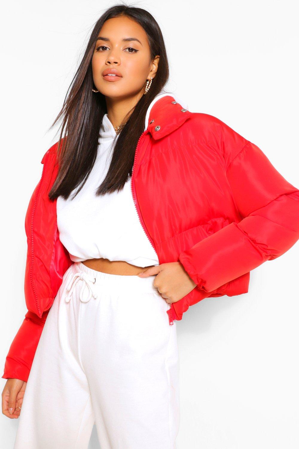 red wrap puffer jacket