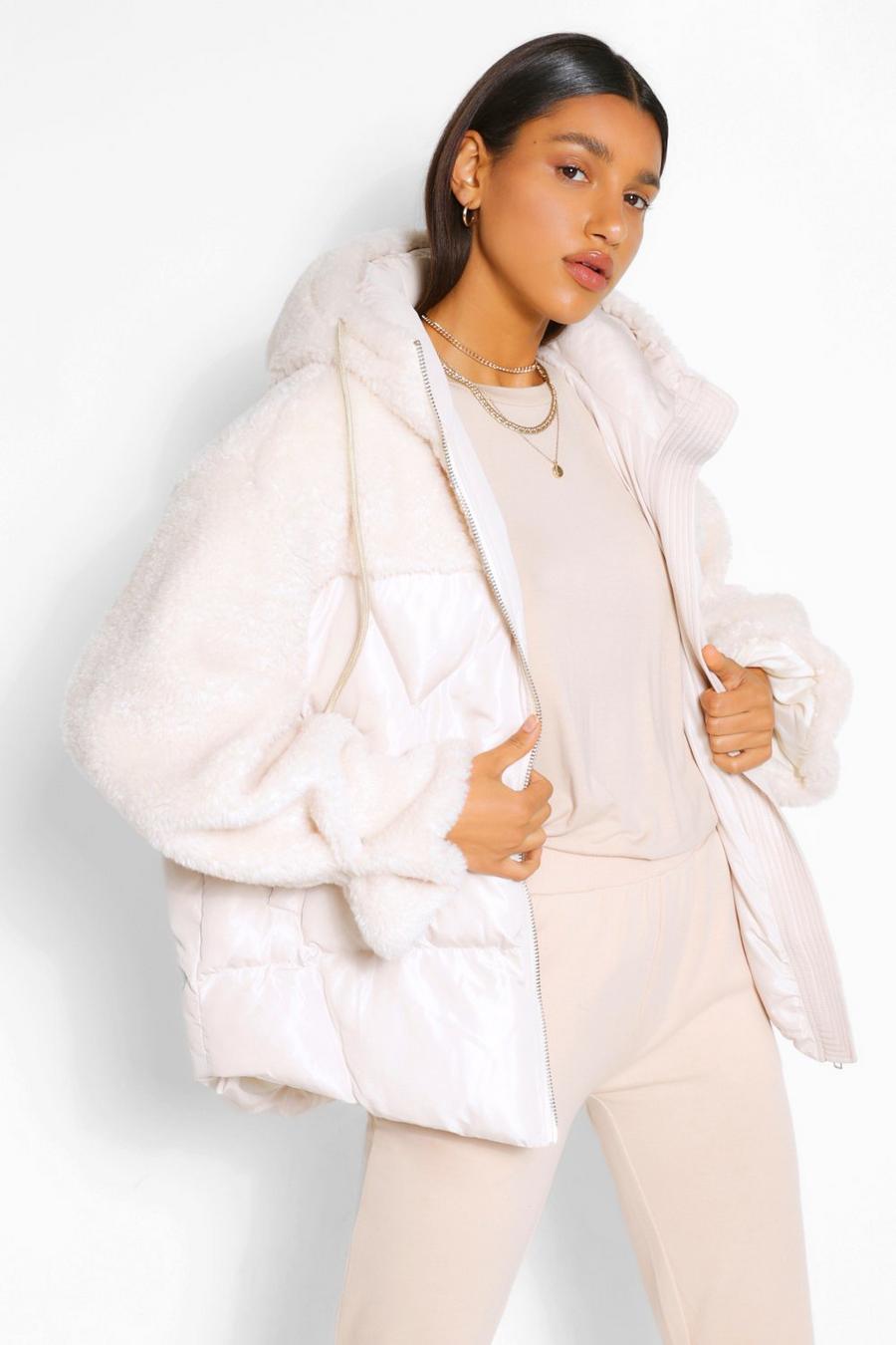 Cream Teddy Fabric Mix Puffer Jacket image number 1
