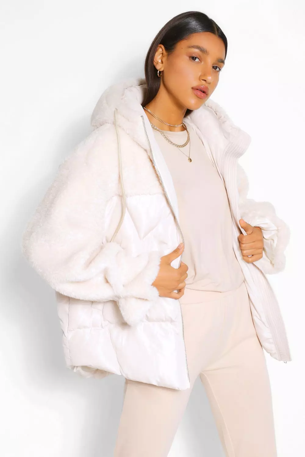 Women S Teddy Fabric Mix Puffer Jacket Boohoo Uk
