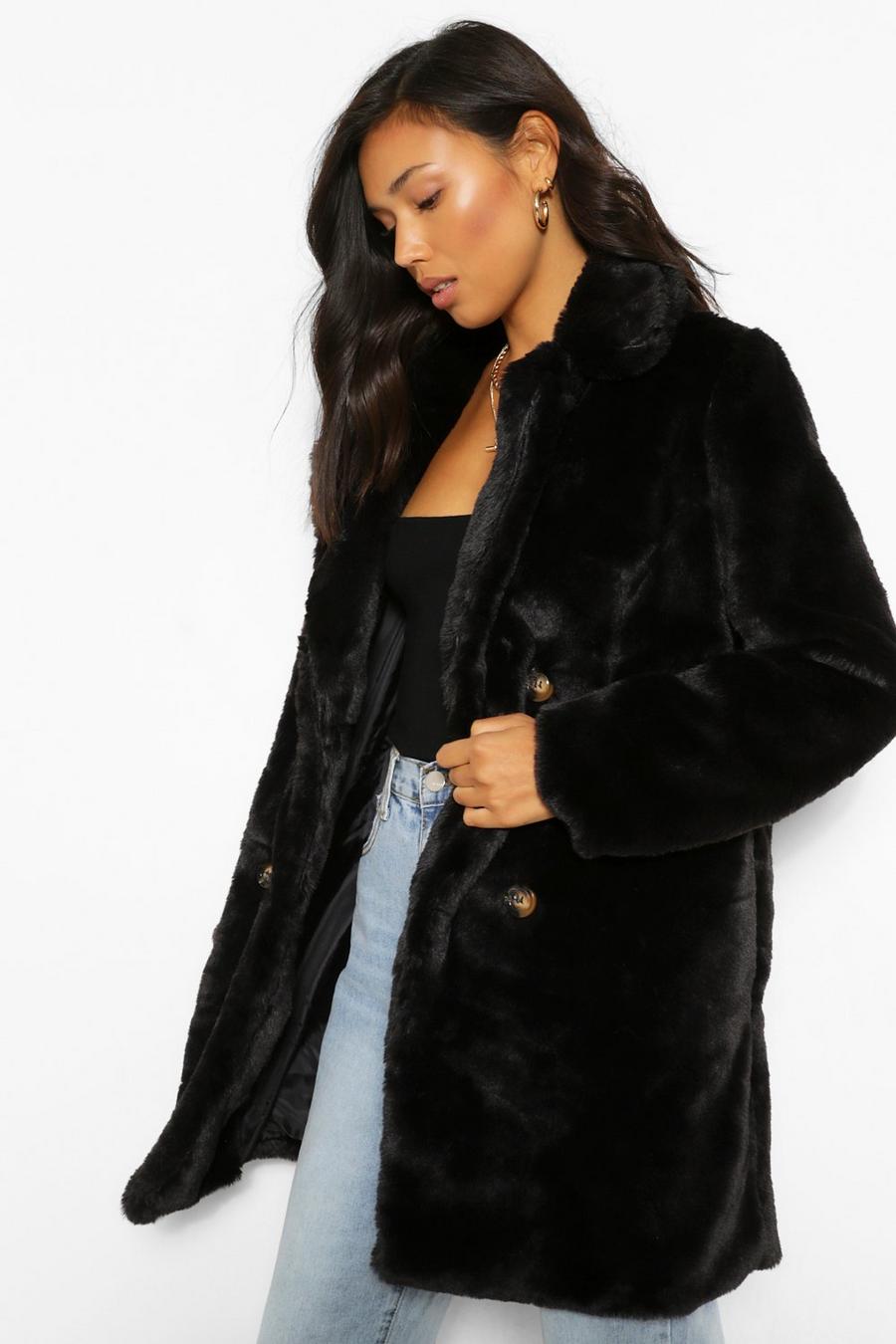 Black Double Breasted Faux Fur Coat image number 1