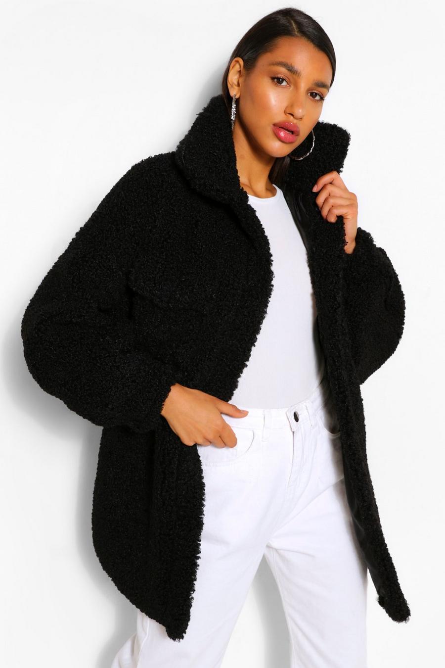 Black Oversized Belted Teddy Faux Fur Shacket image number 1