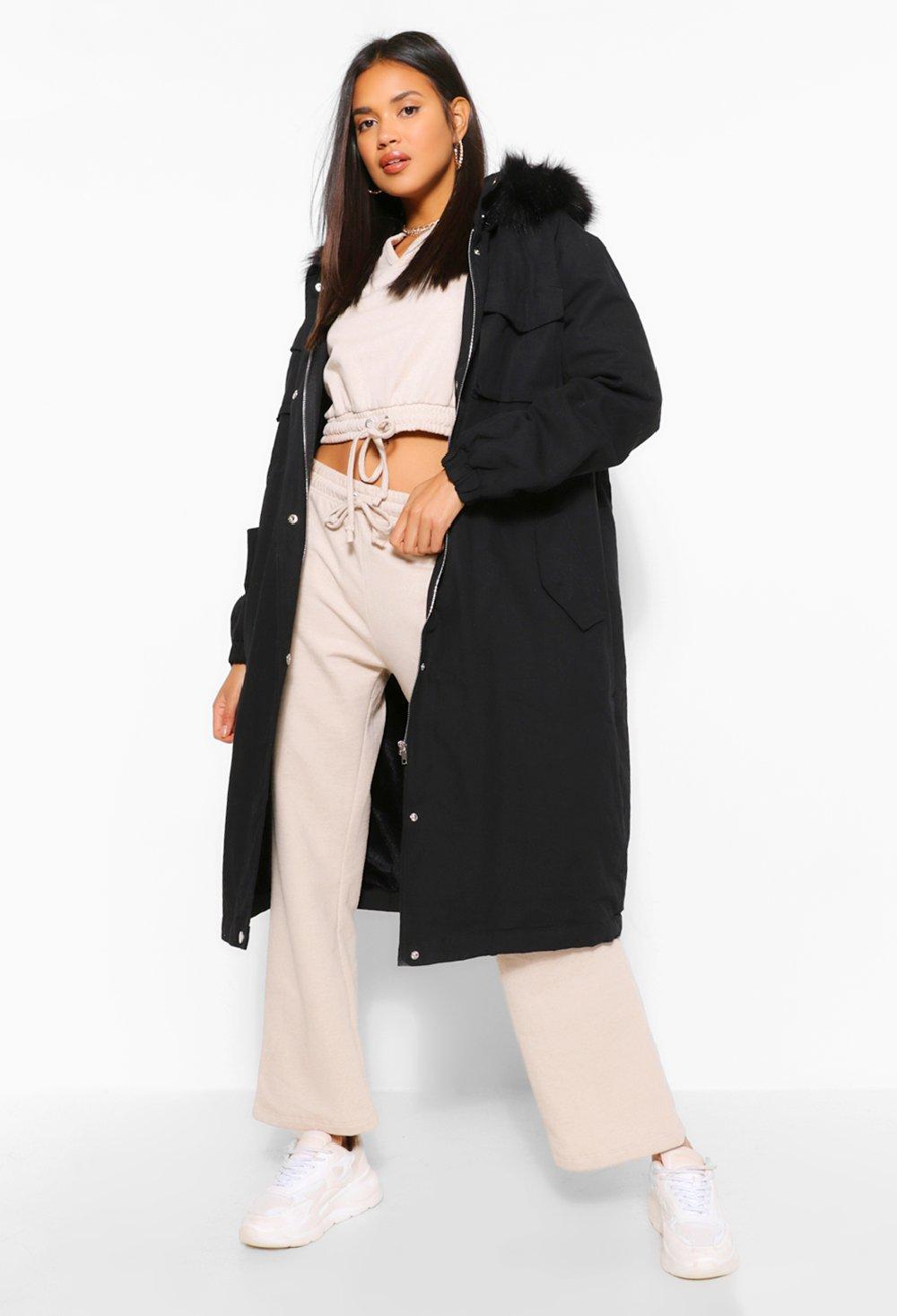 black longline faux fur coat