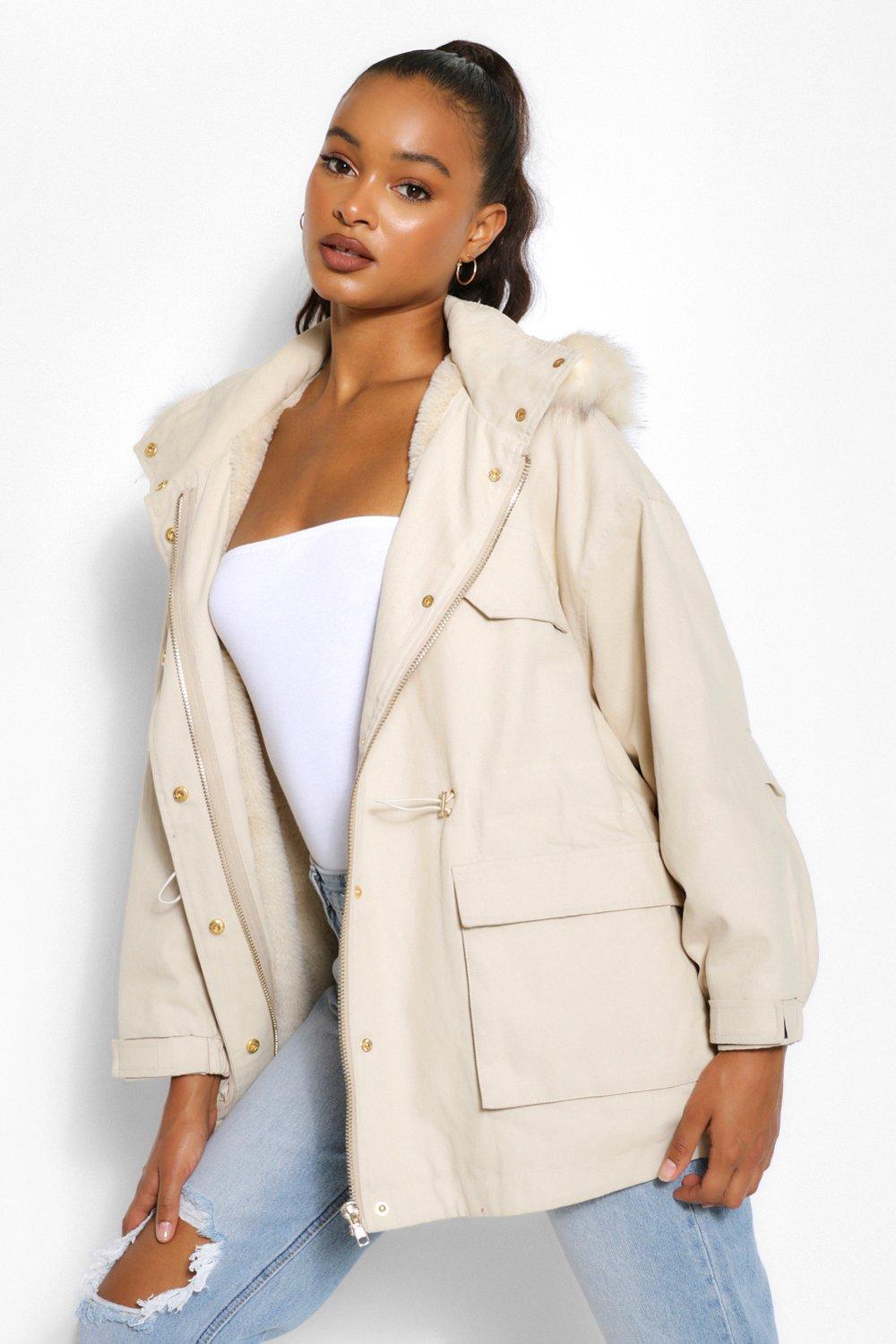 Faux fur lined shop utility parka coat