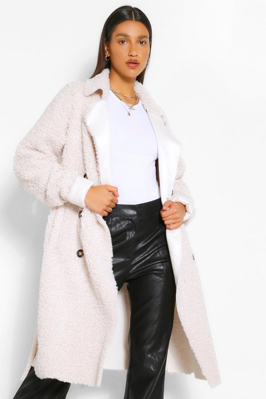 Cream Bonded Teddy Faux Fur Trench Coat image number 1