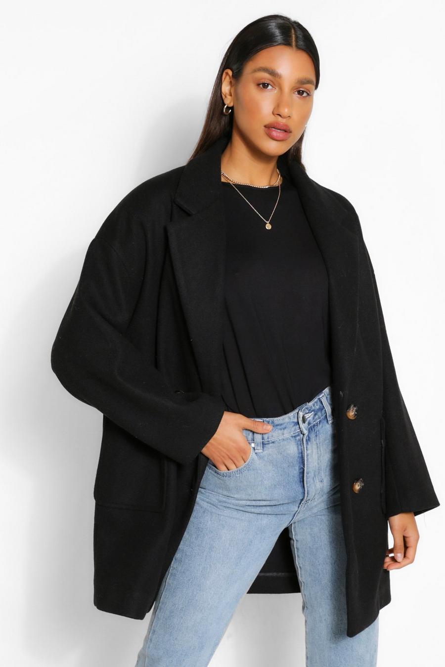 Black Oversized Double Breasted Wool Look Coat image number 1