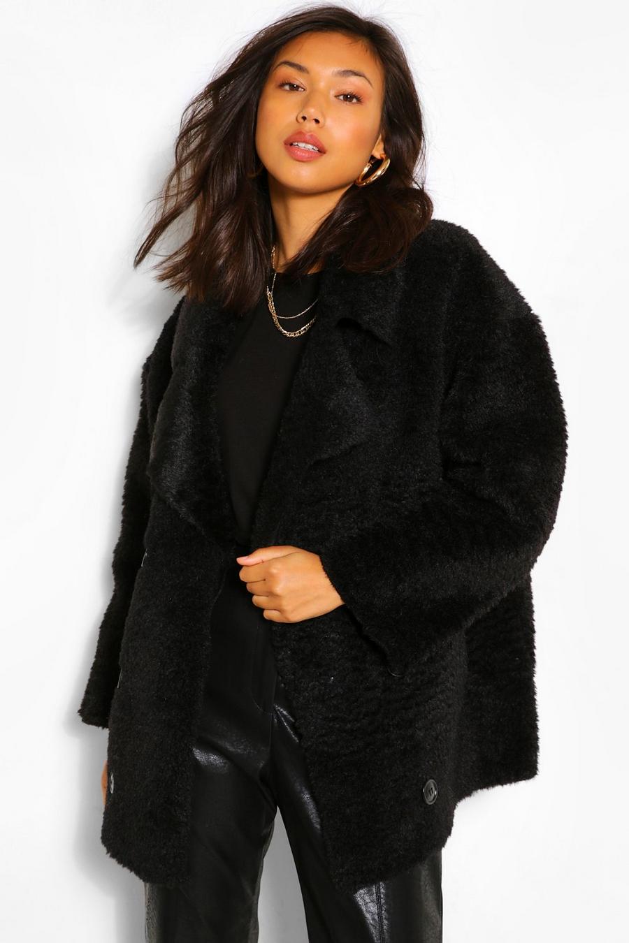 Black Suedette Lined Double Breasted Teddy Faux Fur Coat image number 1