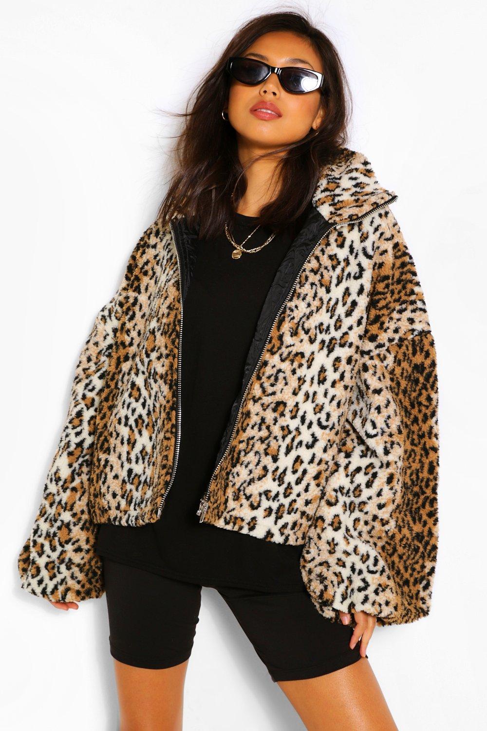 Resten utilstrækkelig Salg Leopard Teddy Faux Fur Oversized Bomber Jacket | boohoo