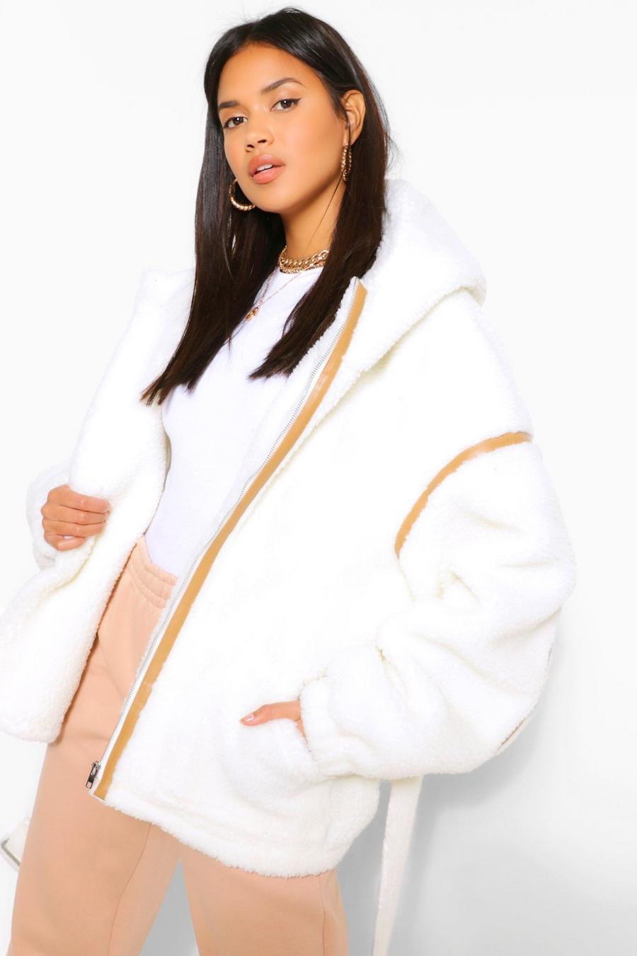 Cream Faux Leather Trim Belted Teddy Faux Fur Coat image number 1