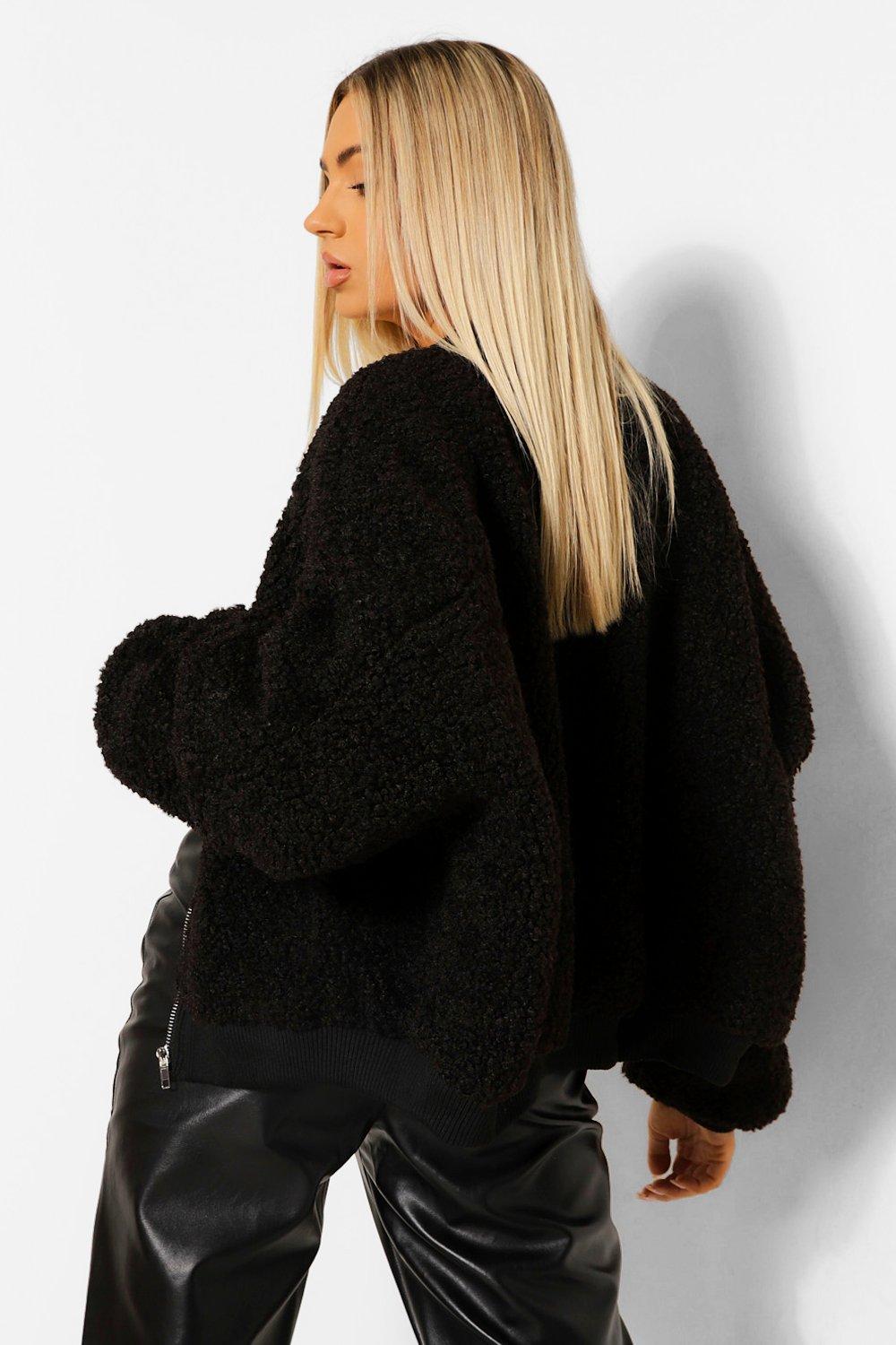 black teddy fur bomber jacket