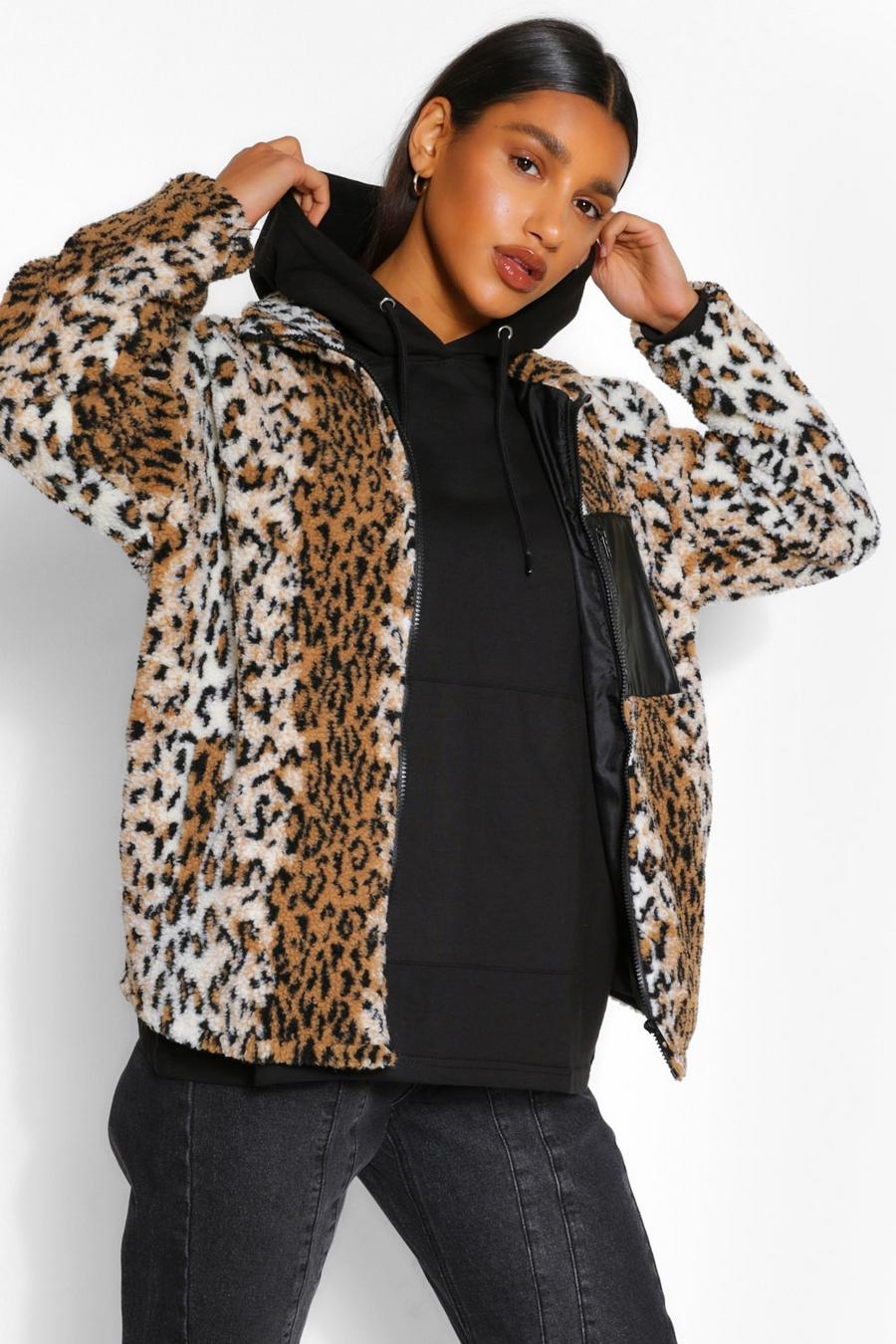 Multi Leopard Teddy Faux Fur Pocket Detail Jacket image number 1